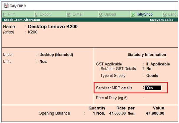 Setting MRP details in Stock Items using TallyERP9 Setting MRP details in Stock Items using TallyERP9